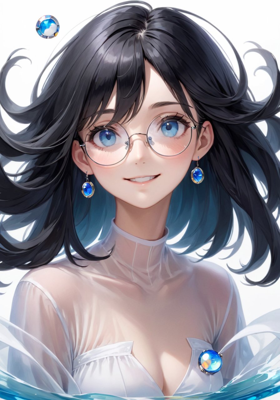 highres,best quality, girl, , 1girl, black hair, blue eyes, closed mouth, earrings, expressionless, floating hair, jewelry, long hair, long sleeves, looking at viewer, portrait, round eyewear, short hair, smile, solo, upper body, white background