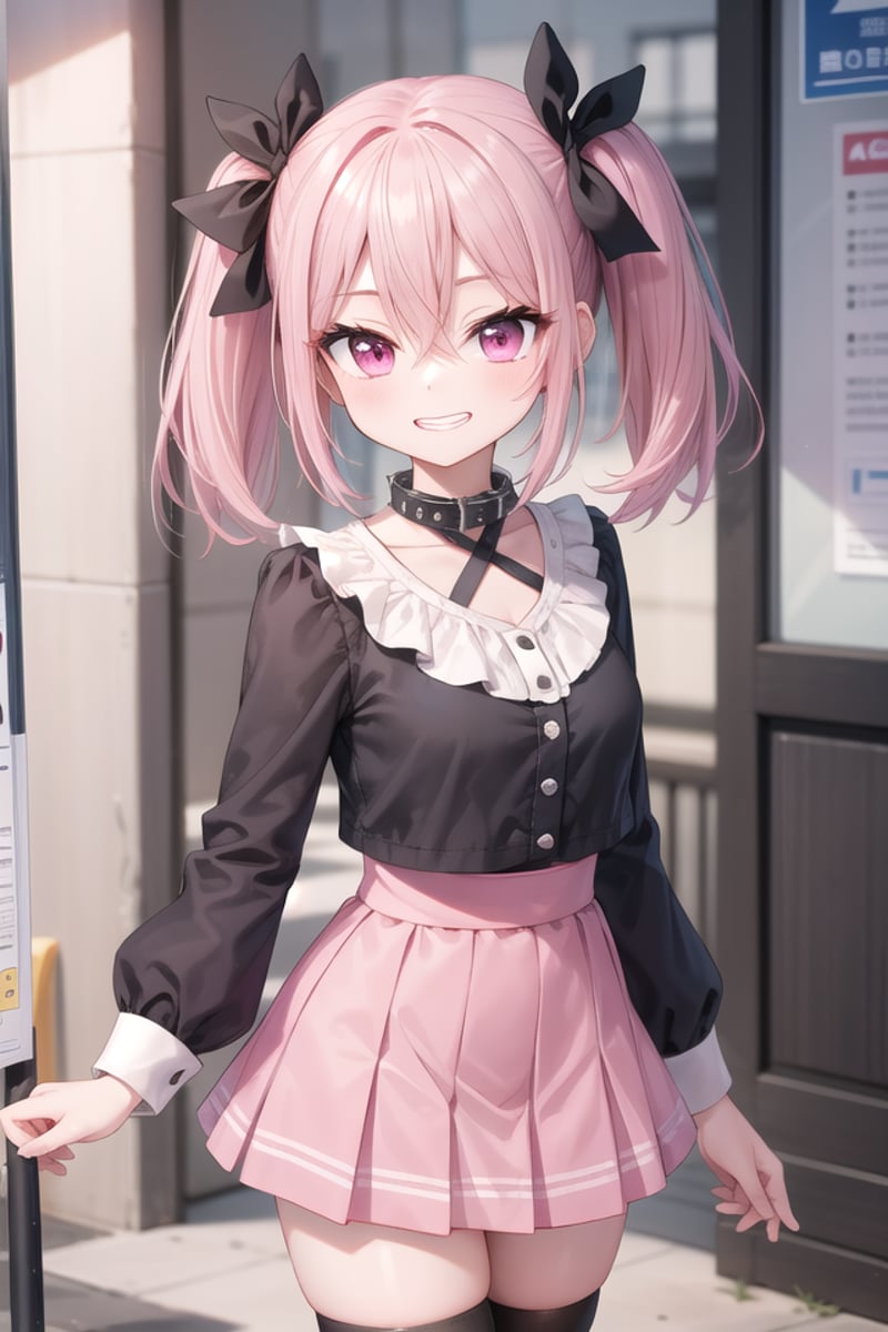 <lora:talkmouth_I_type1_v200:1>insanely detailed, absurdres, ultra-highres, ultra-detailed, best quality,1girl, solo, nice hands, perfect handsBREAKjirai kei,thighhighs, skirt, twintails, pink skirt, collar, bow, black thighhighs, black bow, long hair, pink bow, hair bow, spiked collarBREAK(nsfw:-1.5)BREAKsmile, open mouthBREAK,standing, cowboy shot, looking at viewerBREAKslender, kawaii, perfect symmetrical face, ultra cute girl, ultra cute face, ultra detailed eyes, ultra detailed hair, ultra cute, ultra beautifulBREAKin japanese street, cityscape in japan, depth of field, ultra detailed backgroundBREAKmedium breastsBREAKpink hair, pink eyes, short hair, hair between eyes