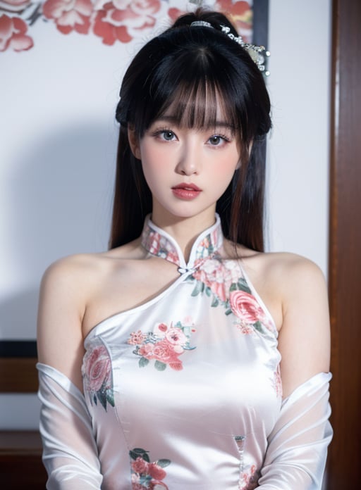 girl, solo, flower, long hair, black hair, hair ornament, hair flower, blue eyes, floral print, chinese clothes, looking at viewer, detached sleeves, upper body, white flower, parted lips, dress, pink flower, china dress, bare shoulders, blush, red flower, eyelashes, white dress, lips, sleeveless, parted bangs, 