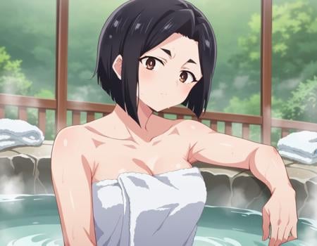 score_9, score_8_up, score_7_up, source_anime,sanaeyamada, <lora:sanae-yamada-s2-ponyxl-lora-nochekaiser:1>,sanae yamada, short hair, black hair, brown eyes,nude, naked, outdoors, onsen, towel, naked towel, steam, bathing, nude cover, partially submerged, water, bath, steam censor, wet towel,looking at viewer, cowboy shot, dutch angle, solo,