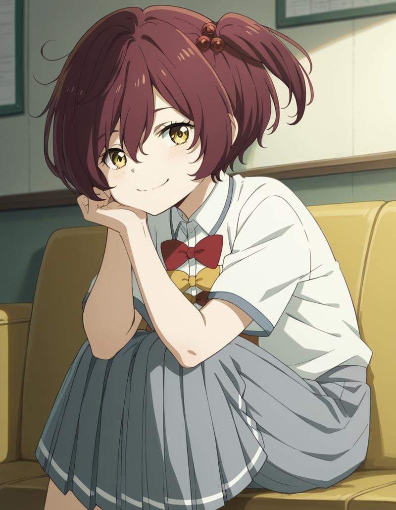 score_9, score_8_up, score_7_up, source_anime, <lora:chika-komari-alpha-ponyxl-lora-nochekaiser:1>, chika komari, short hair, bangs, brown hair, hair ornament, hair between eyes, side ponytail, one side up, hair bobbles, yellow eyes,, skirt, shirt, bow, school uniform, white shirt, short sleeves, pleated skirt, bowtie, yellow bow, grey skirt, yellow bowtie, red bow, red bowtie,, indoors, smile, looking at viewer, solo, sitting, head rest,, cowboy shot, dutch angle