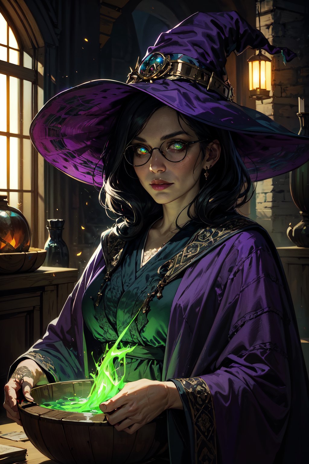 portrait of witch lady, round eyewear, glowing eyes, eye focus, short black hair, purple hat, ornate robe, dark medieval room indoors, cauldron with green potion, spider web, particles, fantasy