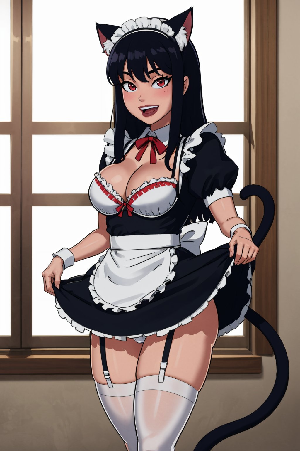 (masterpiece, best quality:1.2),   <lora:somethingunlimited:1>, somethingunlimited, 1girl, breasts, animal ears, solo, tail, large breasts, thighhighs, red eyes, black hair, cat ears, clothes lift, wrist cuffs, cat tail, maid headdress, tail ornament, white thighhighs, looking at viewer, maid, apron, smile, lifted by self, indoors, open mouth, short sleeves, skirt, garter straps, :d, hair ornament, blush, bikini, cat girl, frills, puffy sleeves, ribbon, black skirt, heart, maid apron, thighs, bangs, skirt lift, bra, waist apron, black footwear, white bra, cleavage, underwear, swimsuit, puffy short sleeves, tail ribbon, skindentation, window, upper teeth only, tail raised, extra ears, standing, animal ear fluff, neck ribbon