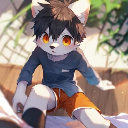 score_9, score_8_up, score_7_up, score_6_up, source_furry, rating_questionable,furry, (young:1.0), boy, pixiv style, (kemono:0.8),BREAKsolo,shirt, shorts, fully clothed,morning,flat chest,animal ears, tail,detailed fur,  fluffy fur, detailed fur texture,detailed hair, transparent hair, hair,white fur,Delicate eyes, beautiful eyes, detailed eyes,hi res, detailed,short hair, hair, black hair,soft light, front light, natural lighting, (photorealistic:0.6),depth of field,(illustration:0.8),BREAKkoogami<lora:koogami-000009:0.8:lbw=0,0,0,1,1,1,1,1,1,0,0,0>