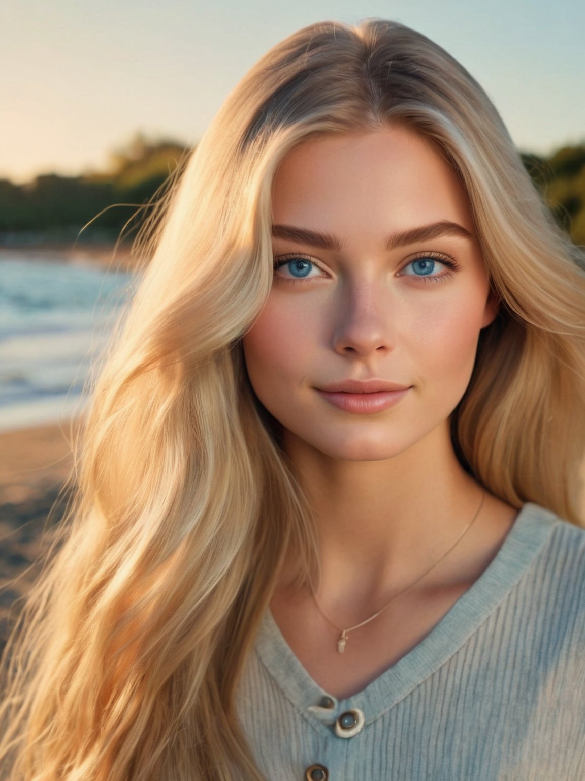 A photorealistic portrait of a 25-year-old American girl with long, flowing blonde hair and striking blue eyes. She should have a natural, approachable expression and be illuminated by soft, golden-hour sunlight. The background should be a scenic outdoor setting, perhaps a sunlit park or beach. Capture this image with a high-resolution photograph using an 85mm lens for a flattering perspective.<lora:GoodPhotoV1.0_alpha1.0_rank8_noxattn_700steps:1>