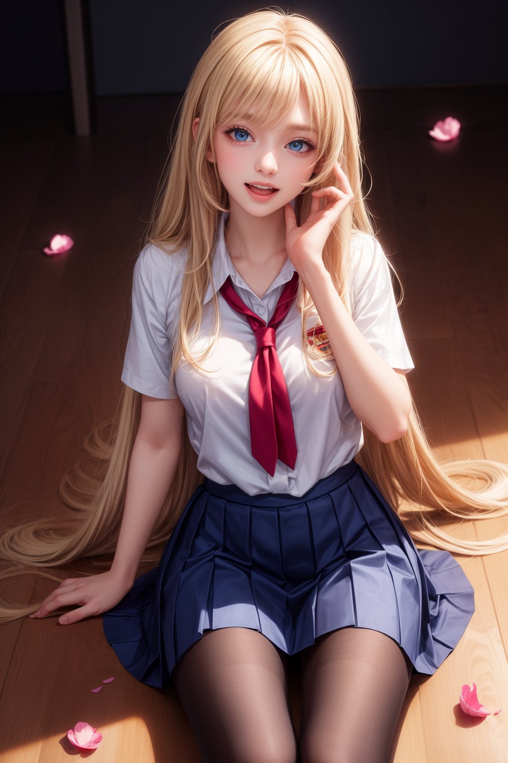 (best quality),((masterpiece)),(highres),illustration,original,extremely detailed,1girl,solo,pantyhose,long hair,solo,school uniform,blonde hairserafuku,skirt,black pantyhose,blue eyes,petals,hime cut,smile,open mouth,very long hair,<lora:add_detail:1>,