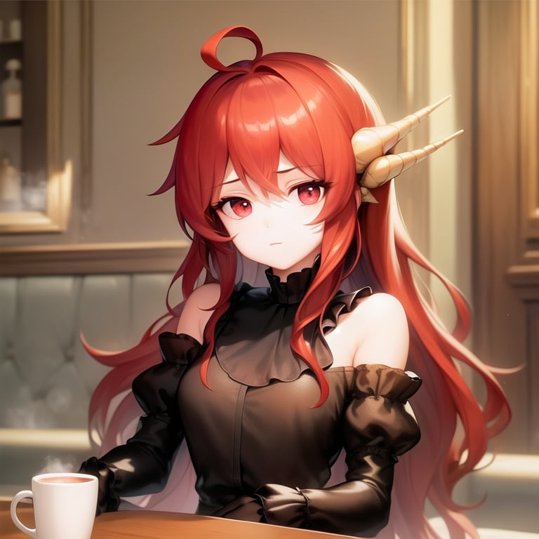 sitting mink_\(dragon_half\) wearing black puffy blouse, portrait, medium chest, sad expression, looking down, holding a cup of coffee, steam, bare shoulders, <lora:mink2:1>, scene is cafe, interior, looking away, background out of focus, bokeh, red hair, red eyes, masterpiece, best quality