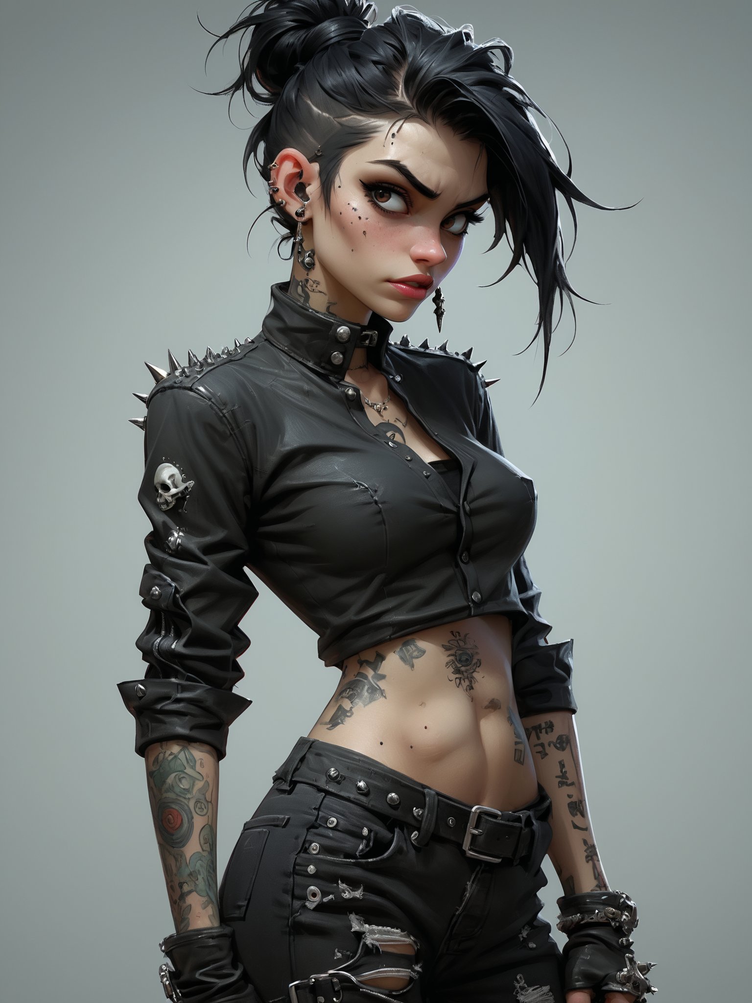 goth girl, her messy jet black hair is pulled back in a ponytail, the scars over her face are prominent but look old, she’s dressed all in black wearing a black long sleeve shirt covered in silver studs and spikes, tight black jeans, leather combat boots, she’s covered in tattoos, and piercings. character illustration by felicien rops, illustration, conceptual art,  epic action, Unreal Engine, cinematic award winning artwork, many details, extreme detailed, full of details,Wide range of colors., dramatic, Dynamic,Cinematic,Sharp details, Insane quality. Insane resolution. Insane details. Masterpiece. 32k resolution. casting shadow style, cucoloris patterned illumination,  dvr-lnds-sdxl, ral-dissolve, ral-ertmsphr, ral-porcelain, ral-pxlprtcl, Niji, aidma-niji