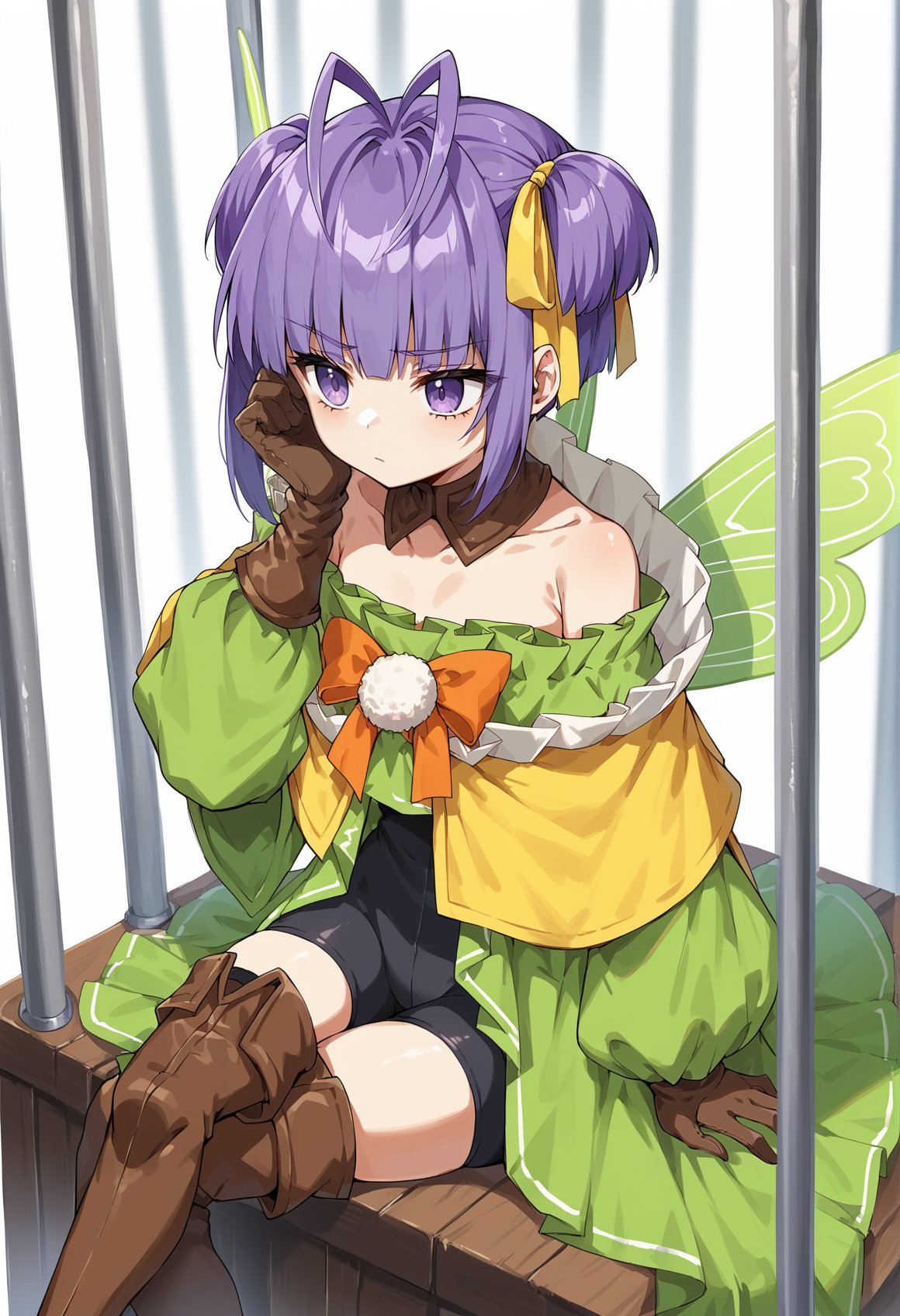 1girl, solo, short hair, purple hair, antenna hair, twintails, single sidelock, yellow ribbon, purple eyes, detached collar, green dress, frills, bare shoulders, bike shorts, brown gloves, brown thigh boots, fairy wings, bored, sitting, crossed legs, minigirl, cage, birdcage <lora:Muryan:1>, score_9, score_8_up, score_7_up, score_6_up, score_5_up, score_4_up, BREAK source_anime, masterpiece