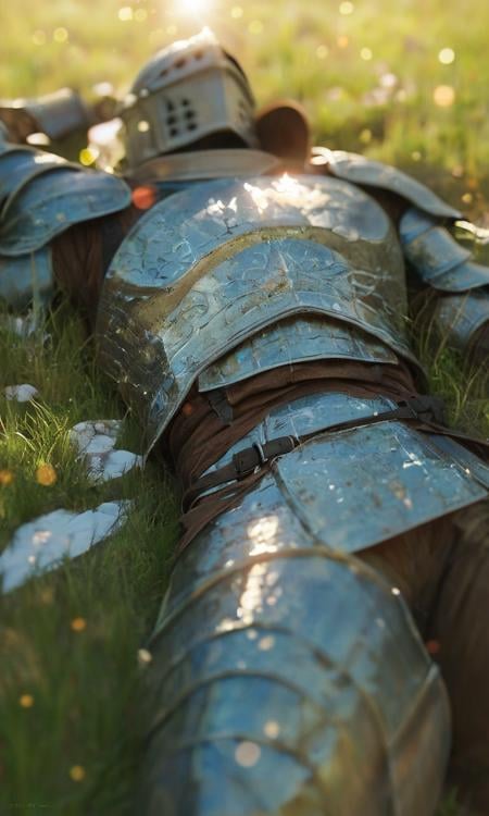 score_9, score_8_up, score_7_up, BREAK, knight, dark fantasy, epic armor, rust, laying back, helmet, lens flare, grass, sleeping, top view, dark souls, rim lighting, depth of field, <lora:RELSM_v1:.9>