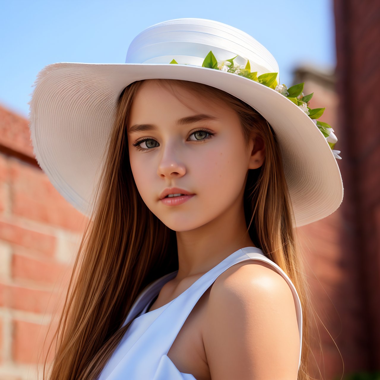 SFW, (masterpiece:1.3), best quality, extra resolution, looking back, close up of calm (AIDA_LoRA_HanF:1.16) <lora:AIDA_LoRA_HanF:0.74> in a latex dress and with a white hat posing for a picture in front of brick wall, outdoors, sunlight, building, beautiful girl, pretty face, naughty, funny, happy, playful, intimate, flirting, cinematic, dramatic, hyper realistic, studio photo, kkw-ph1, hdr, f1.6, getty images