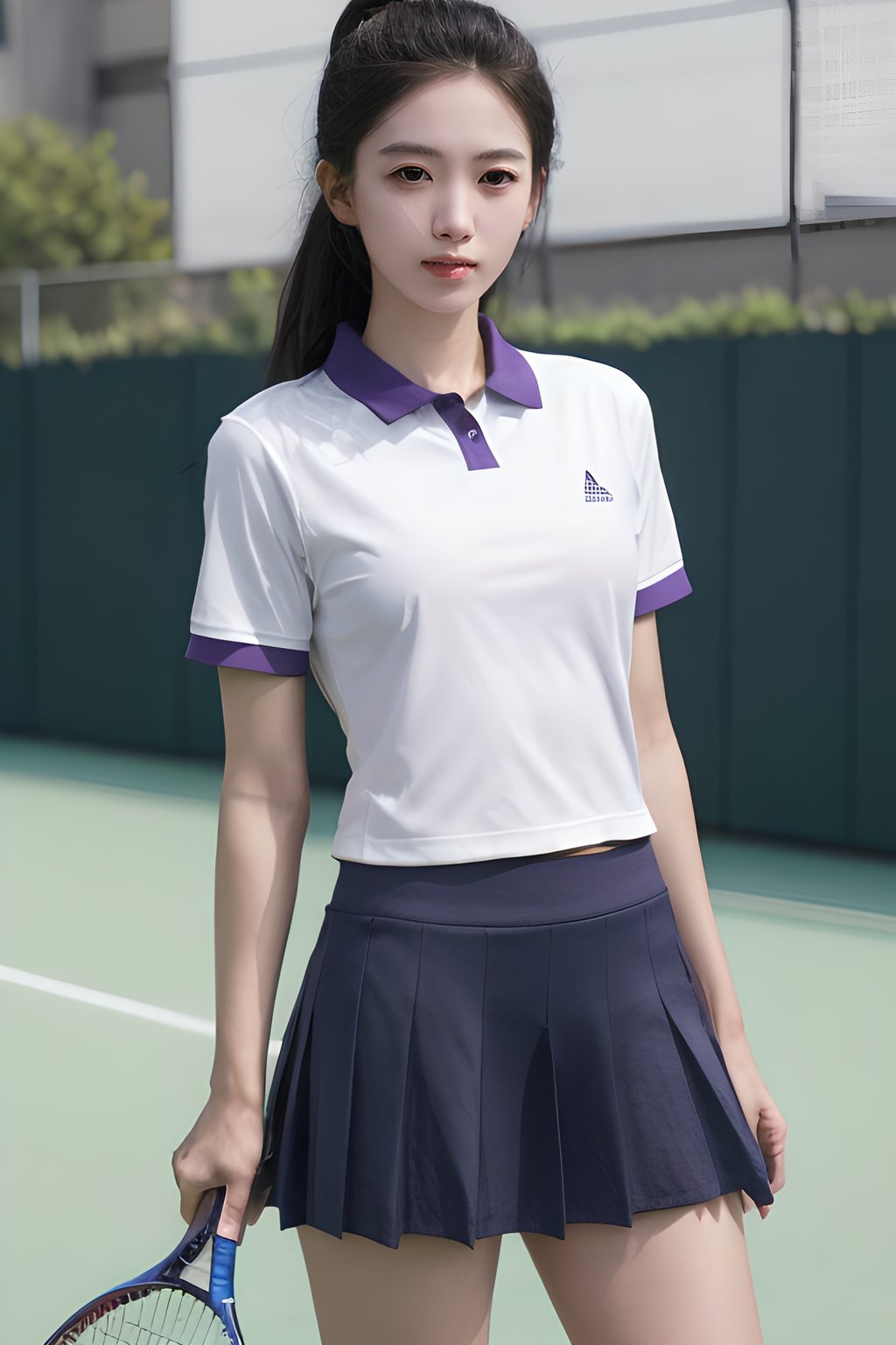 <lora:0830_09:0.7>,purple tennis_uniform,, 1girl,realistic,masterpiece, best quality, photorealistic, HDR,detail