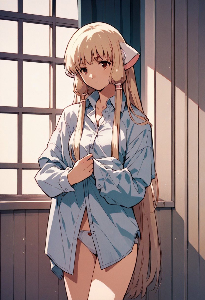 score_9,score_8_up,score_7_up,source_anime, Chii (Chobits),1girl,solo,shirt,underwear,panties,white panties,dress shirt,no pants,oversized clothes,dressing,