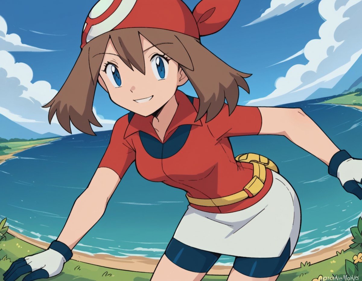 score_9, score_8_up, score_7_up, source_anime, <lora:pokemon-may-anime-ponyxl-lora-nochekaiser:1>, pokemonmay, blue eyes, brown hair, bandana, long hair, red bandana, twintails, hair between eyes,, bike shorts, collared shirt, gloves, microskirt, multicolored shirt, pencil skirt, red shirt, shirt, short sleeves, skirt, white skirt,, landscape, bent over, smile,, looking at viewer, solo, cowboy shot, dutch angle