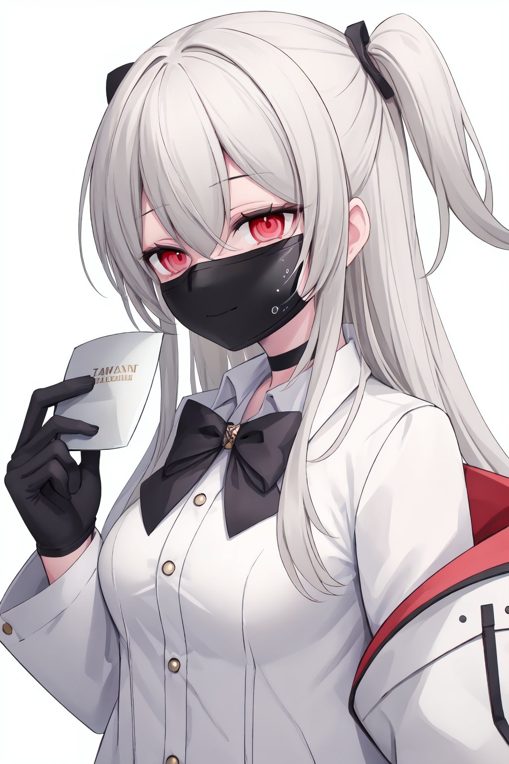 1girl, solo, holding mask, mask, long hair, bow, smile, bangs, looking at viewer, red eyes, gloves, long sleeves, black bow, white gloves, holding, white hair, choker, white shirt, closed mouth, mask removed, hair between eyes, bowtie, one side up, upper body,blush, frilled sleeves, black bowtie, black choker, collared shirt, white jacket, puffy sleeves, tot-style