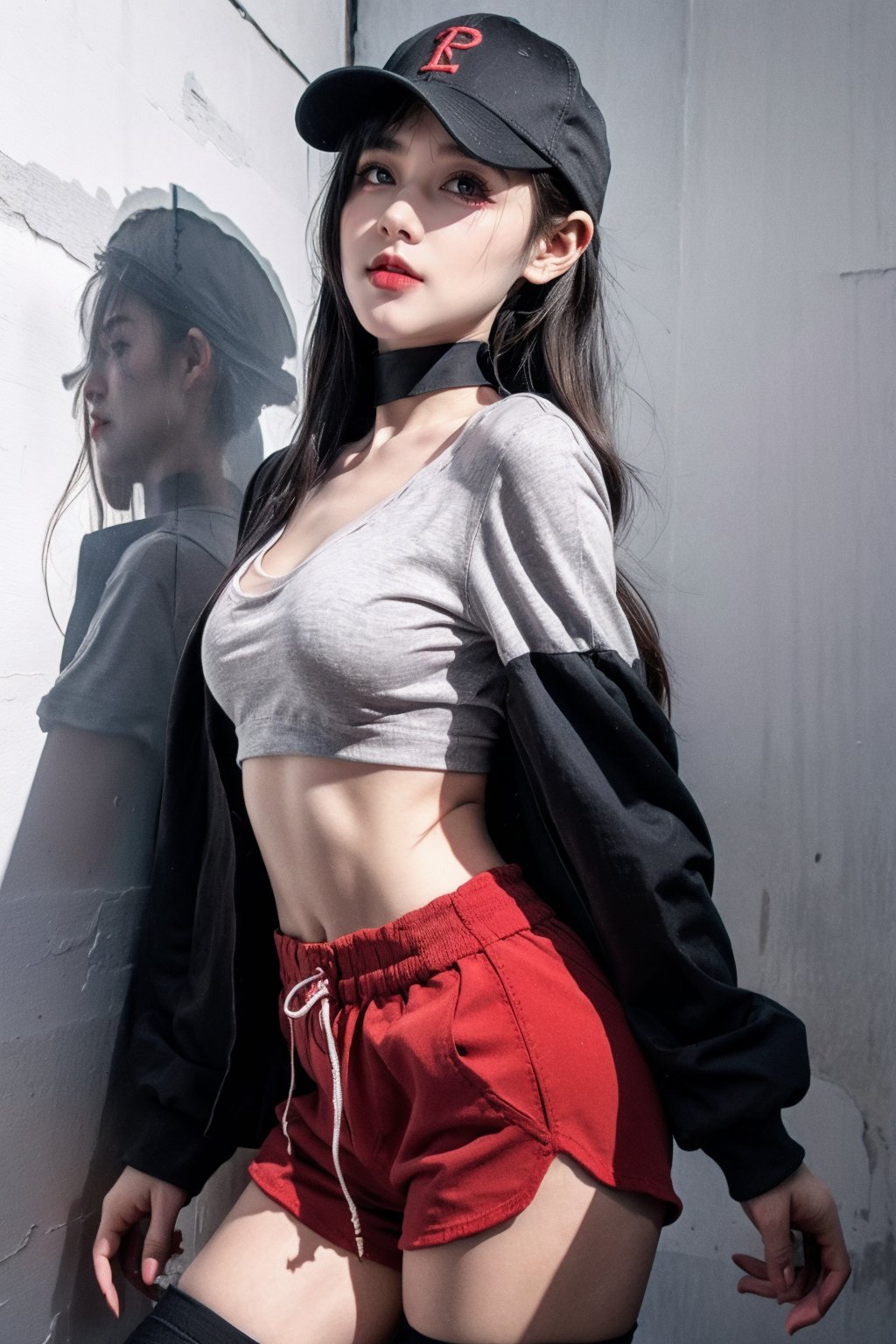 1girl,solo,standing,expressionless,from side,simple background,hand on ear,very long hair,two-tone_hair,black hair,red hair,floating hair,hair between_eyes,bangs,red eyes,v-shaped eyebrows,black choker,baseball cap,red shorts,small breasts,black bra,open jacket,purple jacket,long sleeves,black thighhighs,t-shirt crop top,crop top overhang,masterpiece,incredibly absurdres,best quality,ultra detailed,perfect lighting,perfect face,shiny skin,gorgeous body,