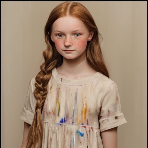 Full-body-length painting of a Young Girl: A slender, 18-year-old girl with dark russet hair tied in double plaits and light brown eyes gazes directly at the camera, exuding confidence.