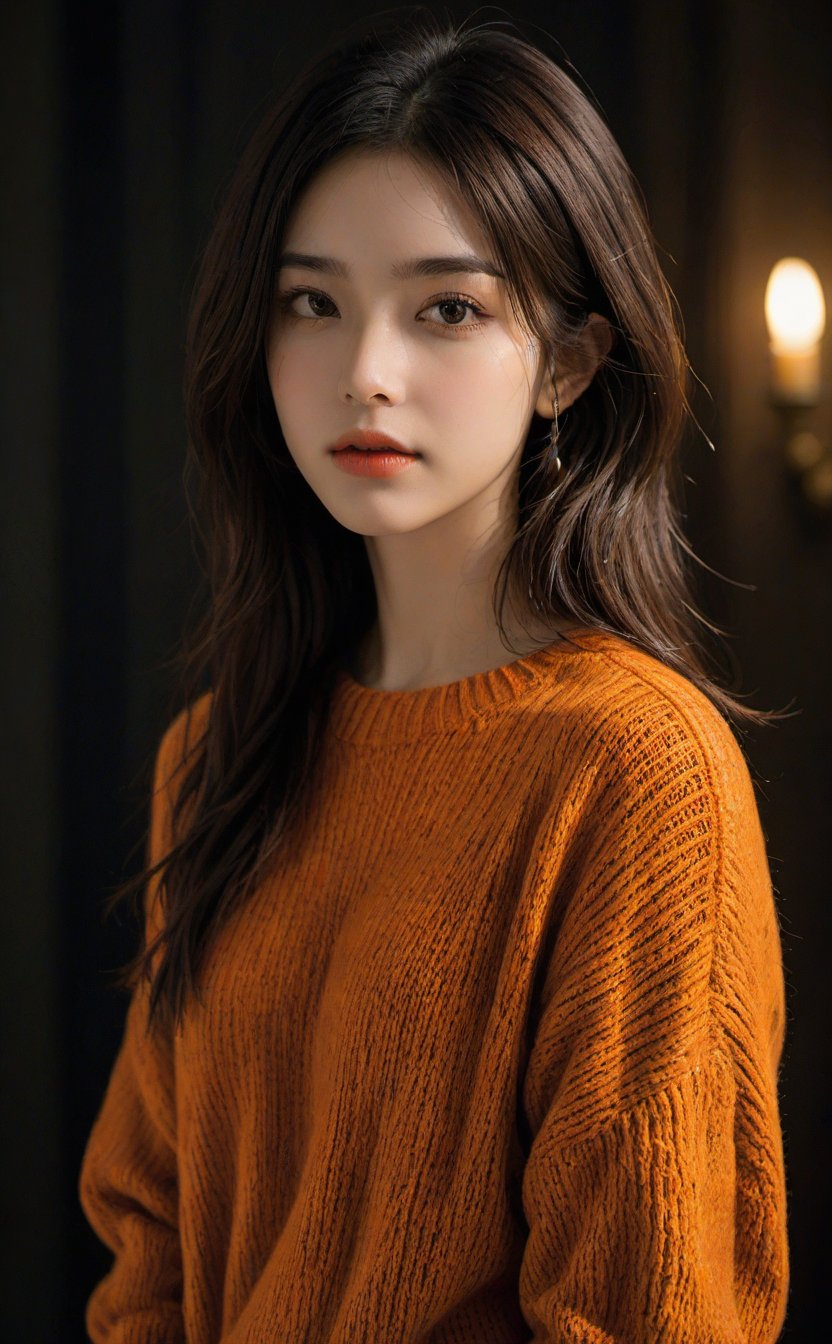 Best quality,masterpiece,ultra high res,(photorealistic:1.4),1girl,offshoulder,in the dark,deep shadow,low key,(upper body:1.3),,orange_sweater,