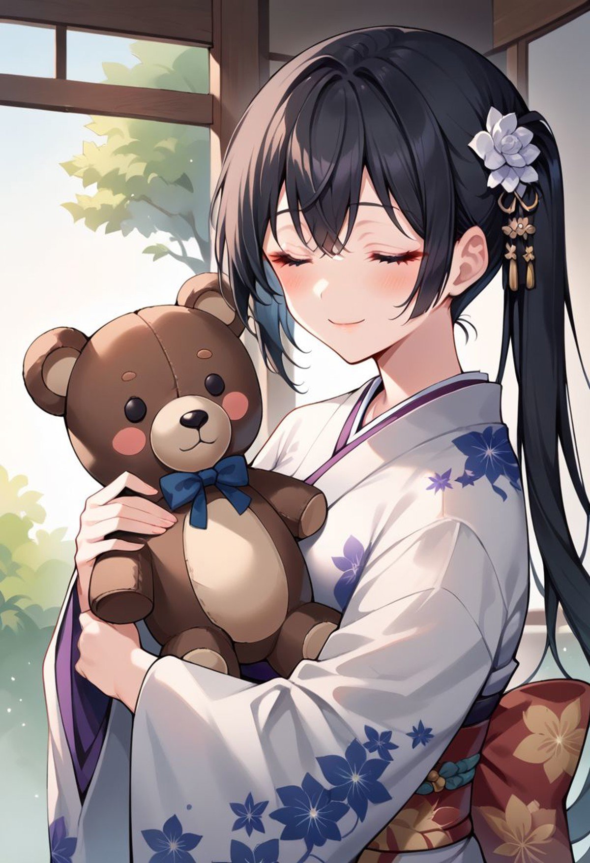 score_9, score_8_up, score_7_up, score_6_up, score_5_up, score_4_up, yuki suou, black hair, long hair, purple eyes, 1girl, japanese clothes, kimono, closed eyes, stuffed toy, stuffed animal, smile, floral print, teddy bear, solo, side ponytail, blush, print kimono, frills