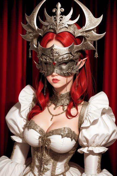 1girl, solo, photogenic beautiful adult woman, h4lo, gothic, cleavage, (covered eyes, blindfold), chains, auburn hair, complicated halo headpiece, (anger),waist, age 30, grand hall, <lora:HaloHeadpiece-30:0.9>, BREAK,  elizabethan fashion ballgown, collar, puffy sleeves, jewelry, earrings, closeup