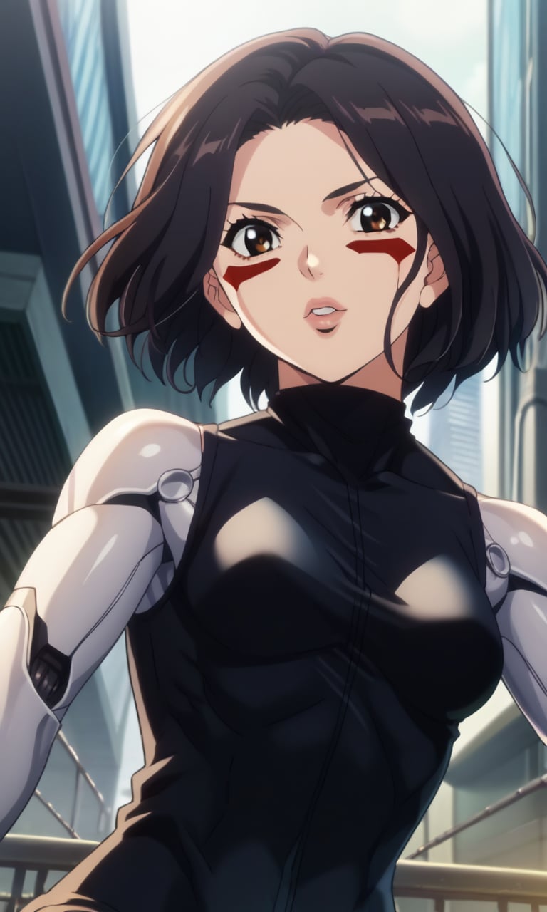 score_9, score_8_up, score_7_up, 1girl, source_anime, anime style, screencap,  <lora:Gally:1> gallyxl, medium hair,  black hair, brown eyes, lips, facepaint, facial mark, bodysuit, pants,  mechanical arms, robot skin, bare shoulders, android, cyberpunk, science fiction, parted lips, city, pov, selfie, light smile, <lora:anime_screencap:1.3> fine anime screencap_xl, (anime_screencap:1.2), (flat color), 1990s \(style\) 