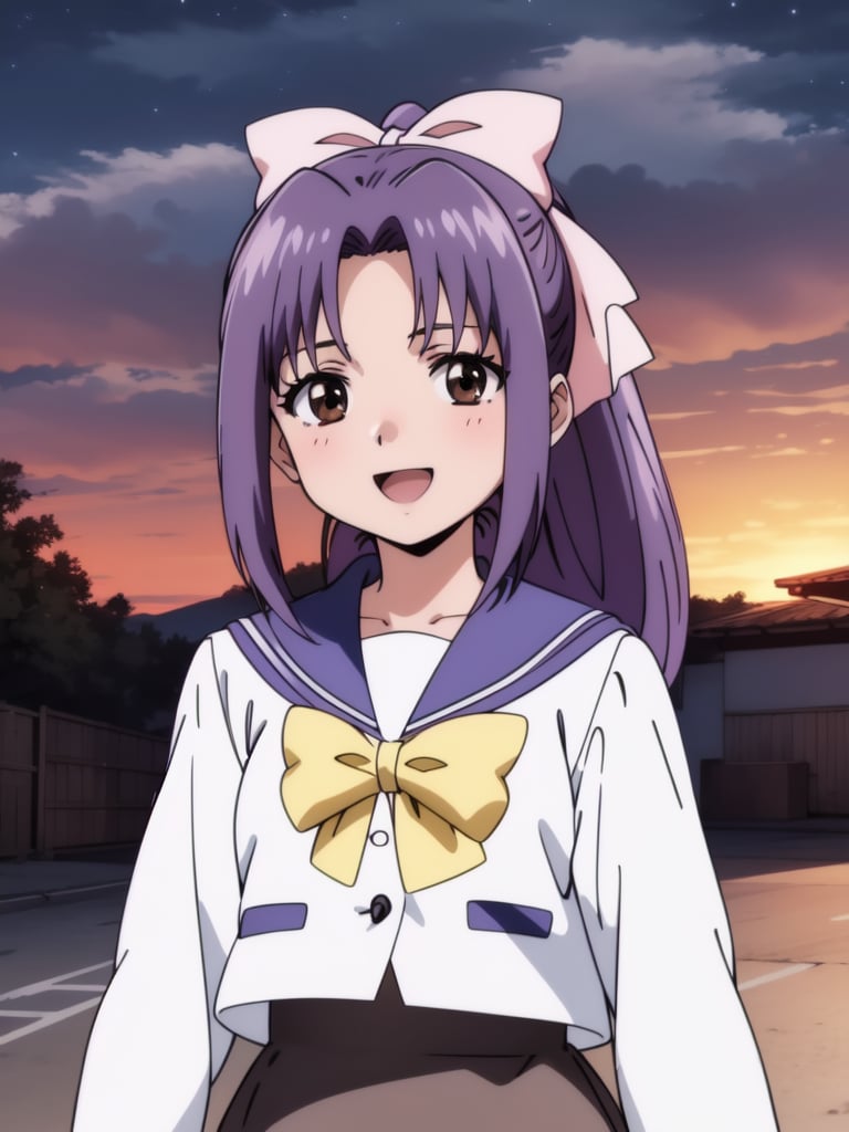 <lora:Koigakubo_Momoko:0.8>, koigakubomomoko, 1girl, school uniform, solo, bow, smile, happy, skirt, night, open mouth, brown eyes, sky, looking at viewer, sailor collar, ponytail, long hair, hair bow, yellow bow, outdoors, shirt, purple hair, cloud, night sky, long sleeves, moon, ribbon, serafuku, bangs, pink bow, hair ribbon,outdoor, sunset, 2000s \(style\), anime, anime_screencap, animated gif, mp4 ,video, animated, 