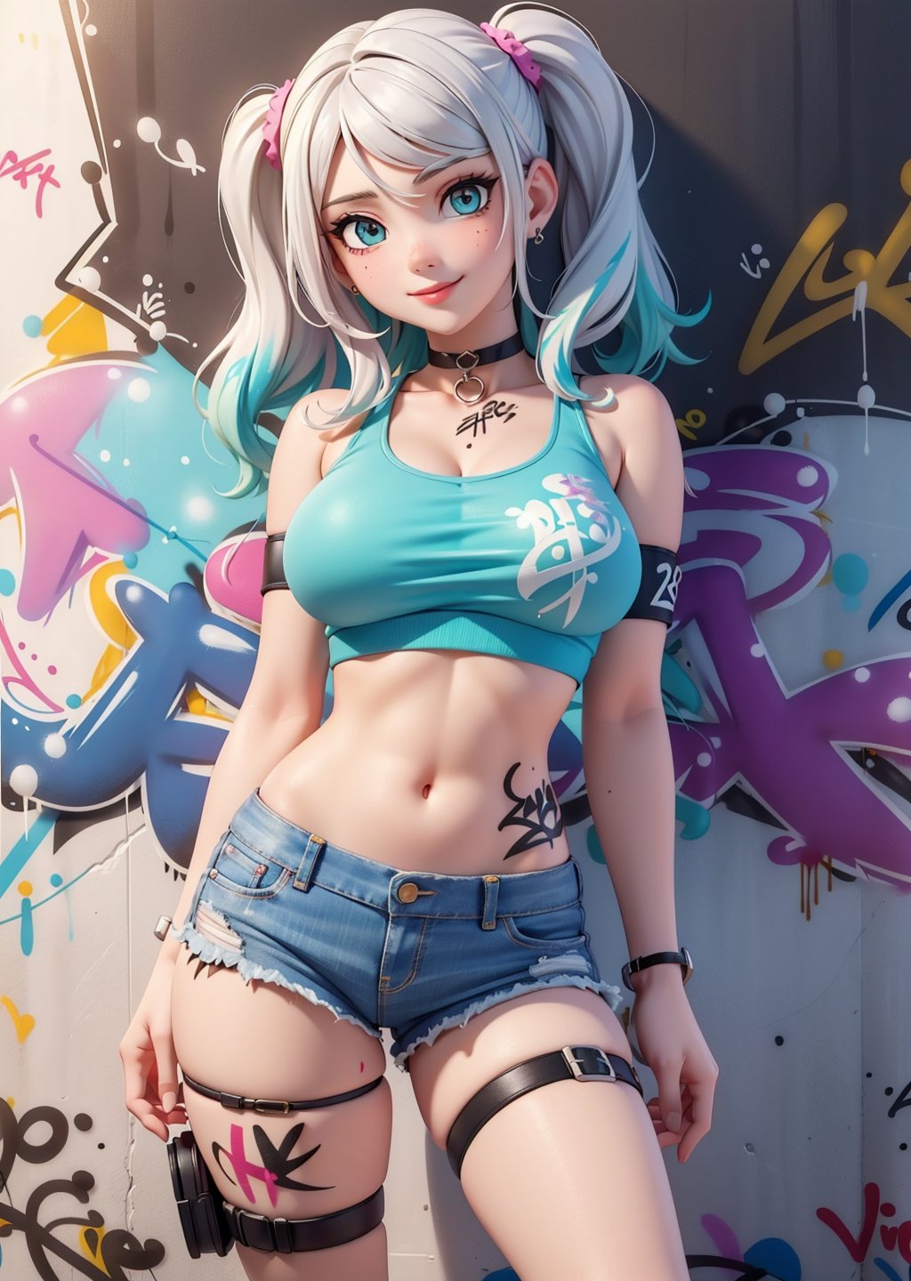 8k uhd,(best quality:1.2),(masterpiece:1.2),perfect eyes,very detailed,beautiful 18 year old fergie,solo,huge round breasts,crop top,denim shorts,choker,(graffiti:1.5),paint splatter,arms behind back,against wall,looking at viewer,armband,thigh strap,paint on body,head tilt,bored,multicolored hair,aqua eyes,smile,(perfectly drawn hands)+++,((highly detailed natural skin)),(skindentation),intricate details,hyper detailed,