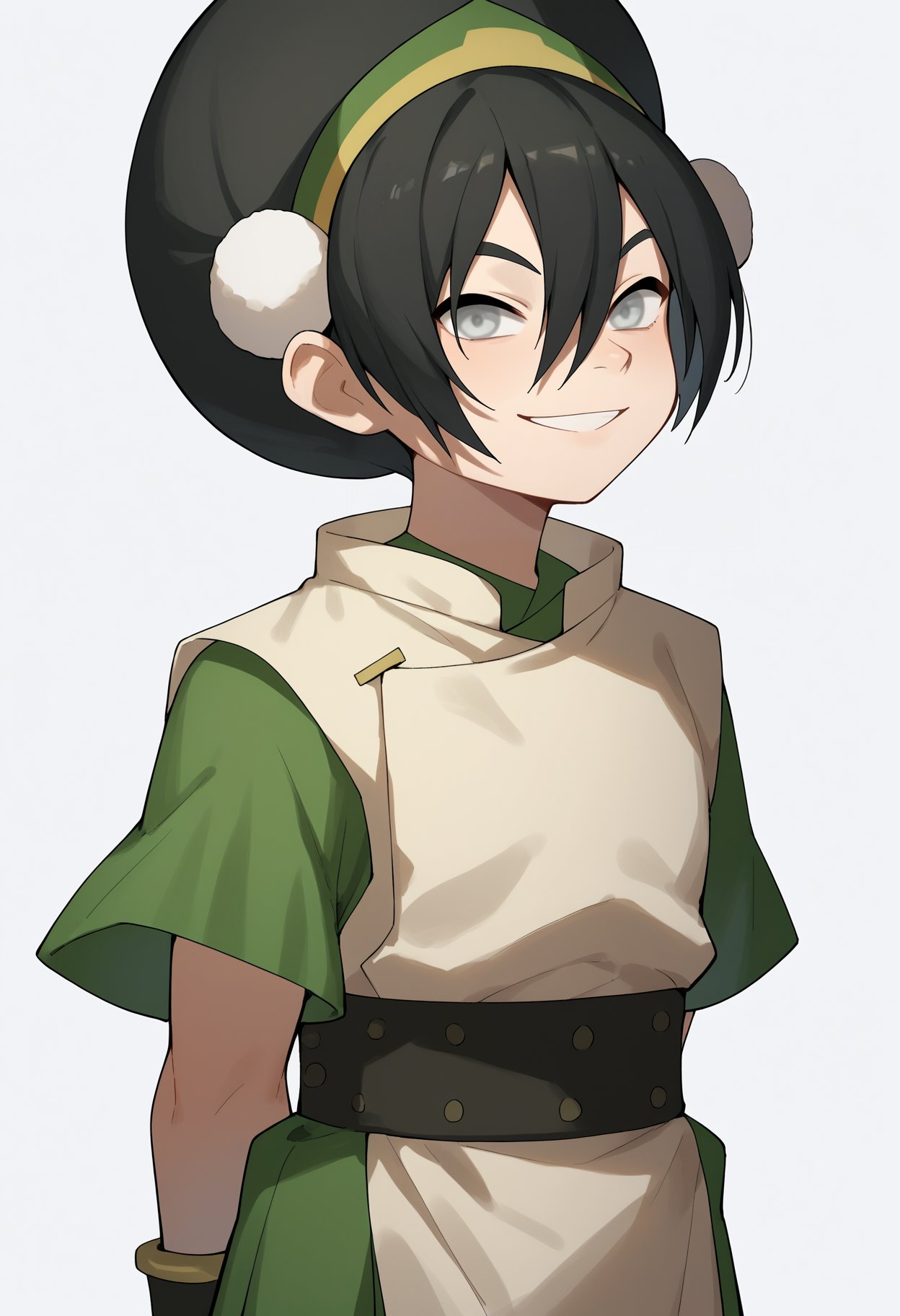 score_9, score_8_up, score_7_up, score_6_up, score_5_up, score_4_up, BREAK, source_anime,1girl, toph, bangs, black hair, blind, grey eyes, hair between eyes, hair bun, hairband, short hair, short sleeves, tunic, chinese clothes,hands behind back, smile, upper body, looking at viewer, solo, simple background, white background   <lora:TophXL:1>