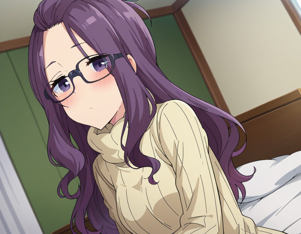 score_9, score_8_up, score_7_up, source_anime,sakurakagamihara, <lora:sakura-kagamihara-s1s2-ponyxl-lora-nochekaiser:1>,sakura kagamihara, long hair, purple eyes, purple hair, glasses, black-framed eyewear, bangs pinned back,long sleeves, sweater, turtleneck, ribbed sweater, turtleneck sweater, pants, denims,indoors, bed, bed room, on side, blush, drunk,looking at viewer, dutch angle, cowboy shot,