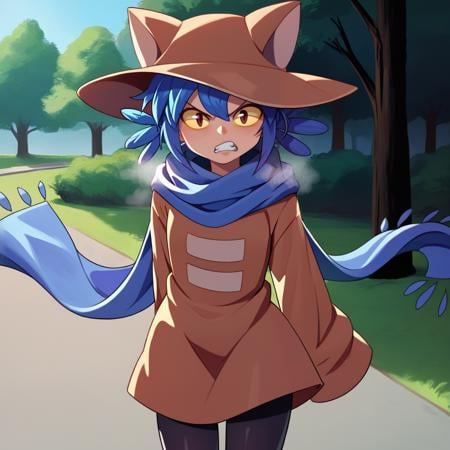 1girl,solo,cniko,blue hair,short hair,hair between eyes,whiskers,cat hat,yellow sclera,brown eyes,slit pupils,blue scarf,brown dress,long sleeves,sleeves past fingers,sleeves past wrists,black legwear,<lora:last:1>,outdoors,park,<lora:bousou_pony_v0.5a:1>,bousou,angry,rampage,blue theme,steaming body,clenched teeth,silhouette,floating hair,, score_9, score_8_up, score_7_up, perfect anatomy, source_anime, zPDXL2,