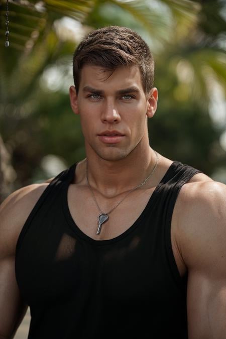 headshot <lora:kris_evans-08:1> photo of kris_evans kris_muscle, tanned-skin, wearing a black tank top, blurred natural background, light bokeh, (silver:0.5) necklace, confident expression