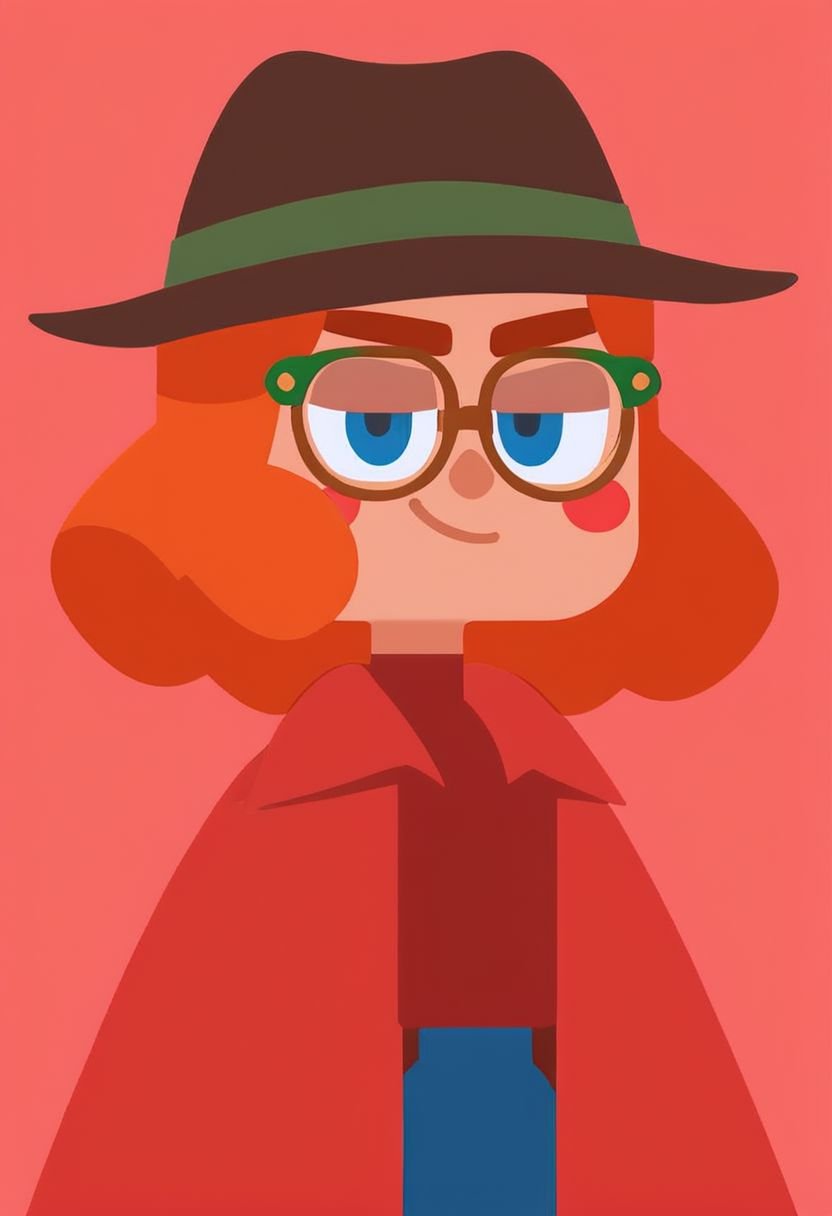 score_9, score_8_up, score_7_up, score_6_up, score_5_up, score_4_up,  flat sticker, Blue eyes, (redhead girl), ((red coat)), glasses, ((detective girl)), hat with cat ears,