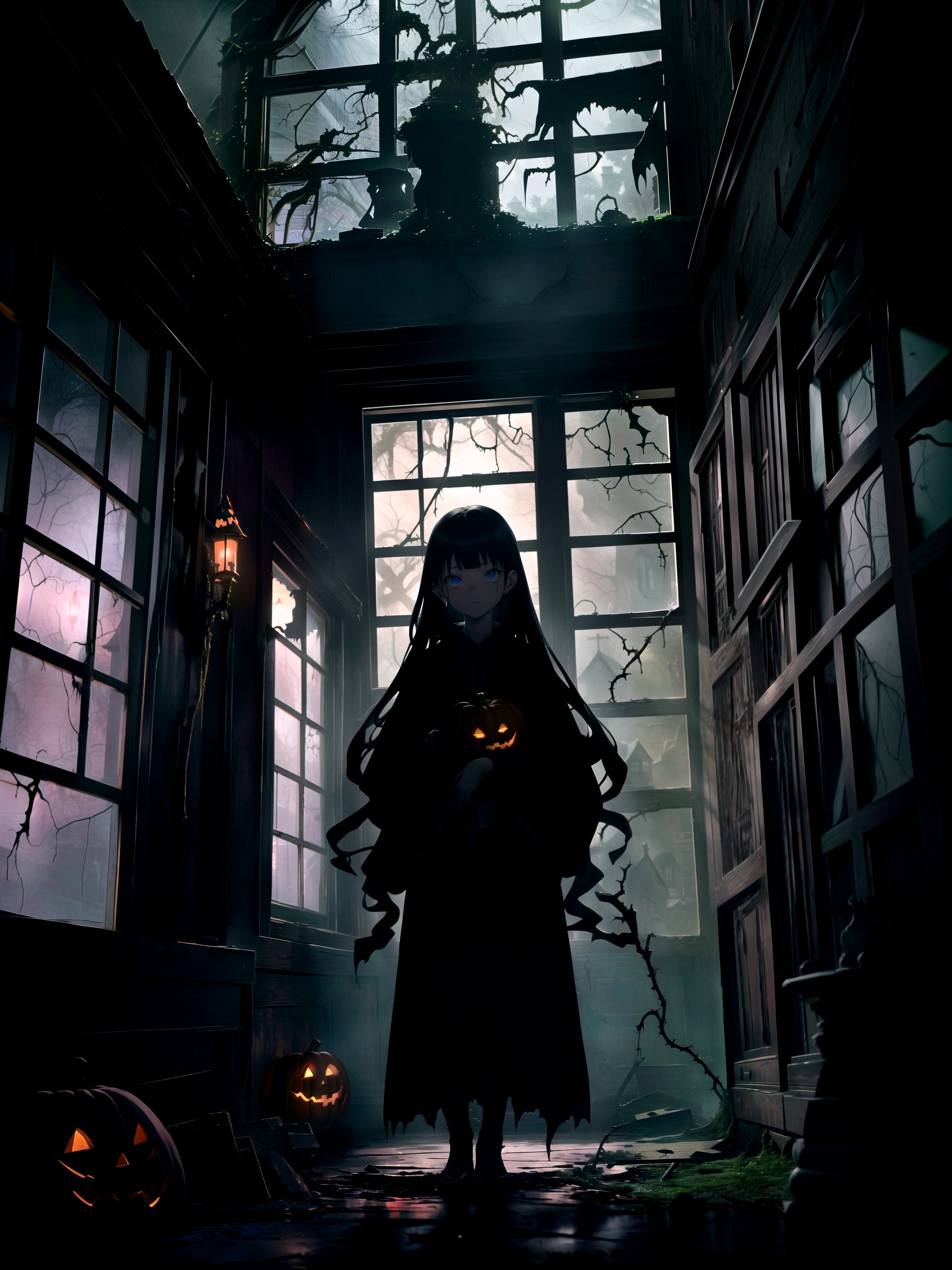 1girl, anime, a girl in a Halloween costume, standing in front of a haunting house adorned with eerie decorations. The girl's costume is inspired by the mystical and macabre, with dark colors, flowing fabric, and intricate details. She holds a carved pumpkin, its flickering candle casting an eerie glow on her face. The haunting house behind her is dilapidated, with broken windows and overgrown vines, creating a spooky atmosphere. Shot with a Sony A7 III, Fujifilm Velvia 50 film, 35mm lens, capturing the haunting beauty of the scene with rich colors and sharp details.