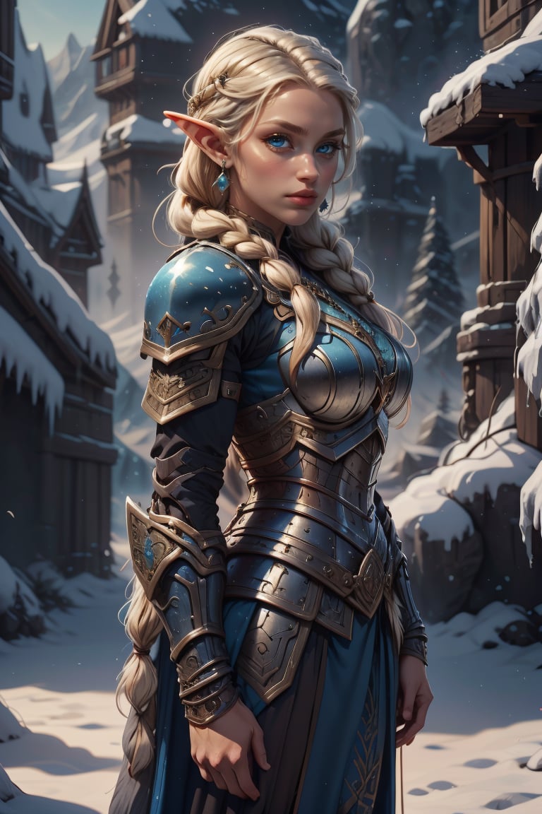 1girl, solo, long hair, breasts, looking at viewer, blue eyes, blonde hair, dress, jewelry, standing, braid, white hair, cowboy shot, earrings, pointy ears, Viking elf, lips, grey eyes, ( Elf Viking clothes),Armored  ,full body, background, elf,, from side,<lora:EMS-301994-EMS:0.800000>,<lora:EMS-285784-EMS:0.800000>
