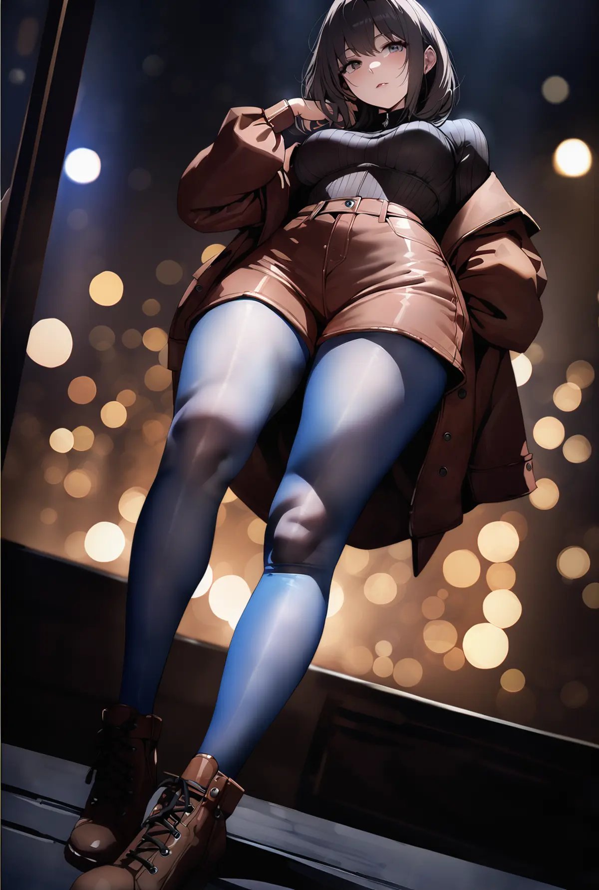 masterpiece,((perfect female body)),looking at viewer,skindentation,beautifully detailed background,SK_CINEMATIC,ZIP2D,1girl,curvy,full body,blue pantyhose,<lora:perfectpantyhose:0.6>,cinematic_angle,panorama,short shorts,from below,