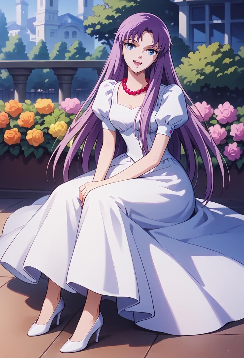 score_9, score_8_up, score_7_up, best quality, intricate details, masterpiece, souce_anime BREAK<lora:SaoriKido_Pony_v08:1> athenakido, puffy dress, pearl necklace,  sitting, on floor, legs together, high heels, outdoors, garden paradise , sunny,smile, open mouth, head tilt,