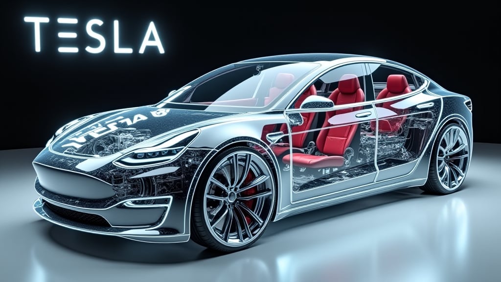 spectacular digital rendering of a (transparent:1.8) Tesla car with the texr above the car, the text says "TESLA"., revealing internal mechanical components such as engine, car chassis, suspension, and internal wiring, detailed textures, detailed machinery, accurate lighting and shadows, 8k quality, intricate patterns, high-definition, glossy finish, vivid reflections, perfect lighting, showroom BREAK,