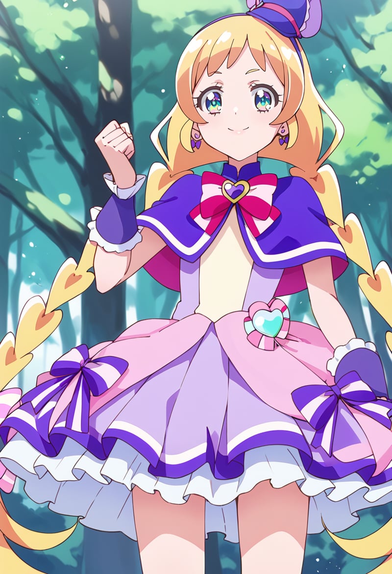 score_9, score_8_up, score_7_up, source_anime, BREAKcure friendy, 1girl, solo, from below, from side, blonde hair, earrings, wrist cuffs, twin braids, looking at viewer, blue eyes, smile, closed mouth, capelet, bangs, purple headwear, striped bow, multicolored eyes, aqua eyes, tree, pink bow, green eyes, outdoors, cowboy shot, witch hat, eyelashes, purple bow, pink neckwear, very long hair, hand up, sailor hat, nature, purple capelet, upper body, frills, red neckwear, mini witch hat, multicolored neckwear, bowtie, purple skirt, standing, hair bow, blurry background, forest, pink headwear, multicolored clothes, blue bow, shiny hair, pouch, multicolored hair, striped neckwear, hair ornament, bow earrings, anime coloring, hair ribbon, heart earrings, gradient hair, purple dress, tilted headwear, layered skirt, wristband, multi-tied hair, hat bow, pleated skirt, top hat, day, shirt, suspender skirt, sleeveless, blue headwear, multiple hair bows, low twintails, heart brooch, dress bow, multicolored bow, hat ornament, purple hairband, deerstalker, dot nose, short dress, clenched hand, petticoat, low twin braids<lora:cure_friendy_inukai_iroha_sdxl_locon_pony_v1:0.7>