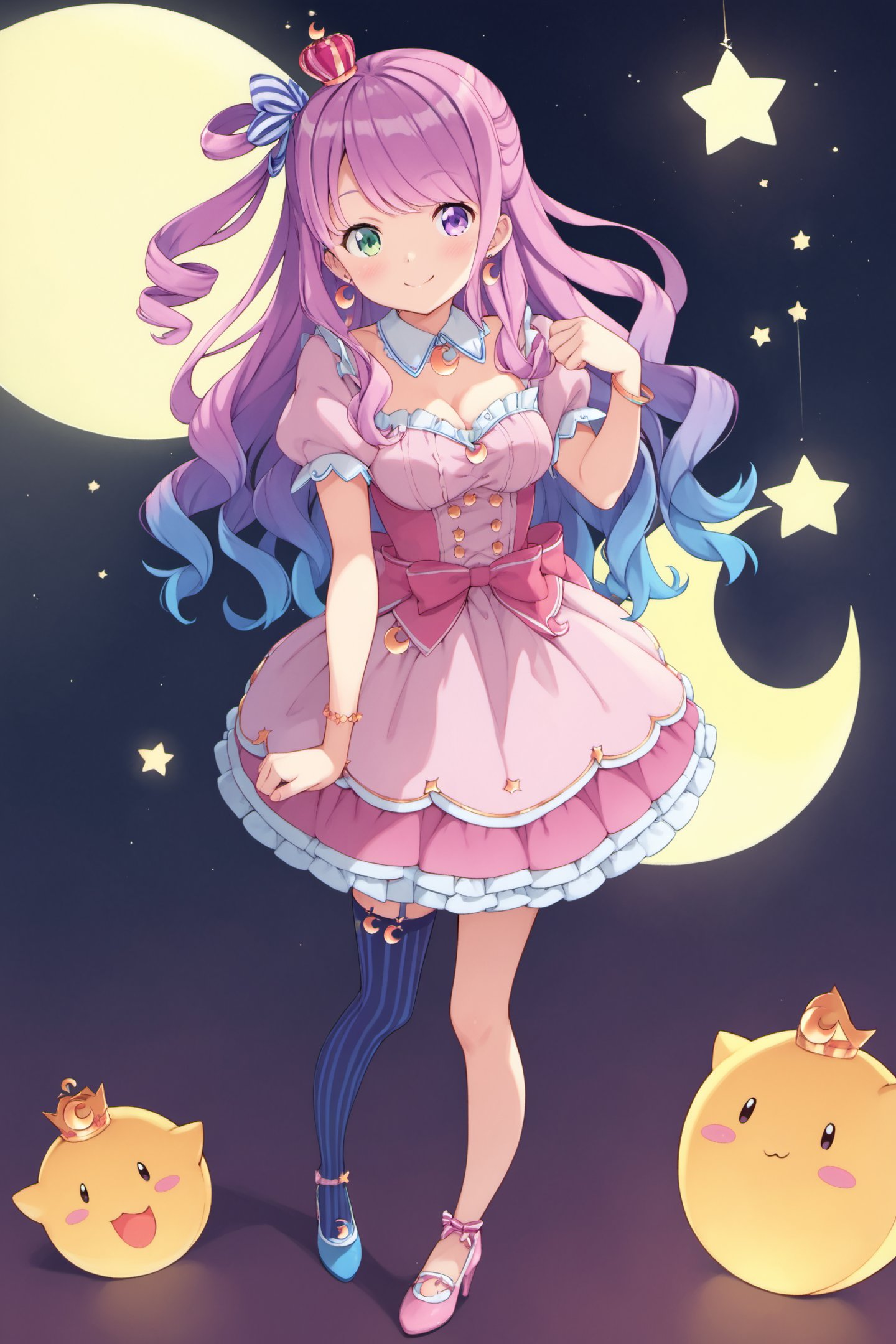 1girl,virtual youtuber,himemori luna,solo,jewelry,heterochromia,thighhighs,crown,single hair ring,smile,bracelet,pink hair,hair ornament,food-themed hair ornament,long hair,candy hair ornament,striped,asymmetrical legwear,multicolored hair,full body,mismatched legwear,gradient hair,dress,hair rings,high heels,green eyes,vertical-striped thighhighs,crescent,purple eyes,vertical stripes,looking at viewer,short sleeves,breasts,standing,puffy short sleeves,puffy sleeves,striped thighhighs,bangs,mini crown,pink dress,zettai ryouiki,gradient,shoes,skirt,closed mouth,bow,detached collar,gradient legwear,purple hair,blue thighhighs,princess,crescent earrings,star print,wavy hair,medium breasts,blue hair,one side up,blush,frills,star (symbol),score_9,score_8_up,<lora:Kanzaki Hiro_XL_PONY:0.9>,