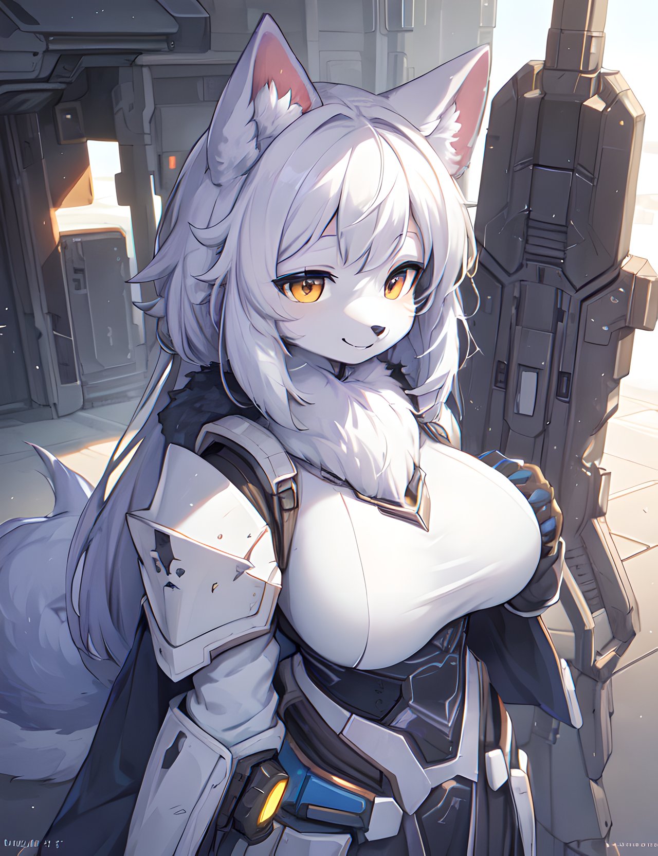 (furry:1.2), white fur, tail, colors elements on fur, normal breasts, clothed, destiny, sc-fi, future, (sc-fi armor:1.2), standing, idle pose, very happy, beautiful front view, pov, close-up, beautiful lights and shadows, ambient light, ultra detailed fur, volumetric light 