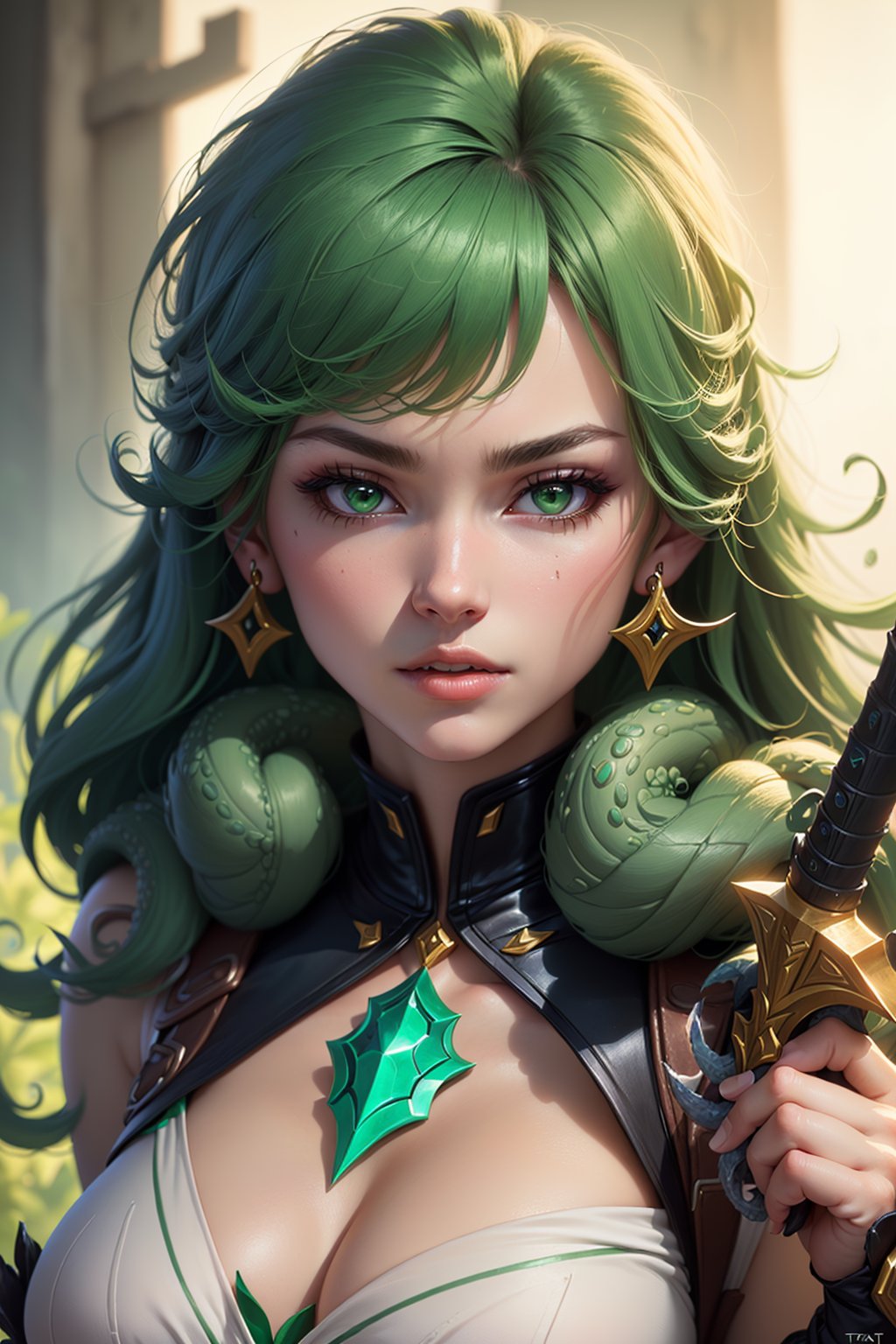 ((best quality)), ((masterpiece)), (detailed), woman with green hair, holding a sword, (Artgerm inspired:1.2), (pixiv contest winner:1.1), (octopus goddess:1.3), (Berserk art style:1.2), close-up portrait, goddess skull, (Senna from League of Legends:1.1), (Tatsumaki with green curly hair:1.2), card game illustration, thick brush, HD anime wallpaper, (Akali from League of Legends:1.1), 8k resolution