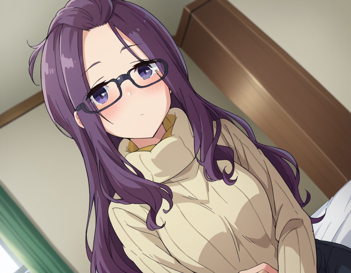 score_9, score_8_up, score_7_up, source_anime,sakurakagamihara, <lora:sakura-kagamihara-s1s2-ponyxl-lora-nochekaiser:1>,sakura kagamihara, long hair, purple eyes, purple hair, glasses, black-framed eyewear, bangs pinned back,long sleeves, sweater, turtleneck, ribbed sweater, turtleneck sweater, pants, denims,indoors, bed, bed room, on side, blush, drunk,looking at viewer, dutch angle, cowboy shot,