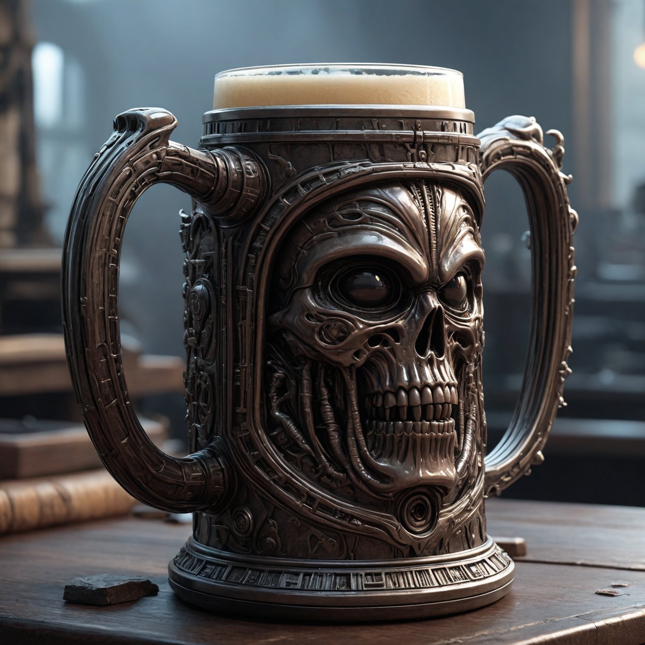 giger themed beer tankard,metal,epic,made of Smoky Quartz,detailed,8k,professional ominous concept art,by artgerm and greg rutkowski,an intricate,elegant,highly detailed digital painting,concept art,smooth,sharp focus,illustration,in the style of simon stalenhag,wayne barlowe,and igor kieryluk,