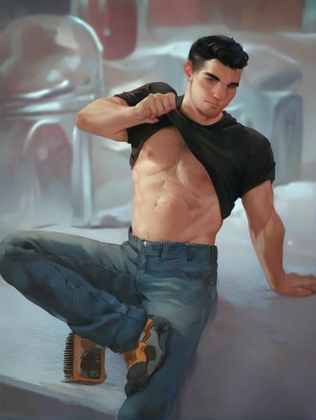 score_9, score_8_up, score_7_up, score_6_up, score_5_up, score_4_up, realistic, 1boy, hairy,  <lora:Shirt_Lifters_Pony:0.1> shirt lift, jeans, baseball shirt, on a taxiway, muscular, green eyes, stubble, comb over, black hair, pale skin