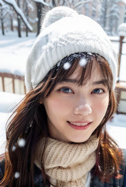 (winter, snowing, snow, outdoors:1.3), highres, (RAW photo, realistic, photorealistic:1.4), masterpiece, best quality, an extremely delicate and beautiful, extremely detailed, finely detail, ultra-detailed, highres, rim light, soft light, beautiful detailed girl, extremely detailed eyes and face, beautiful detailed nose, beautiful detailed eyes, 1girl, (upper body:1.3), wavy hair, alternate bangs, scarf, light smile, selfie, <lora:nanasenishino_v1:0.9>