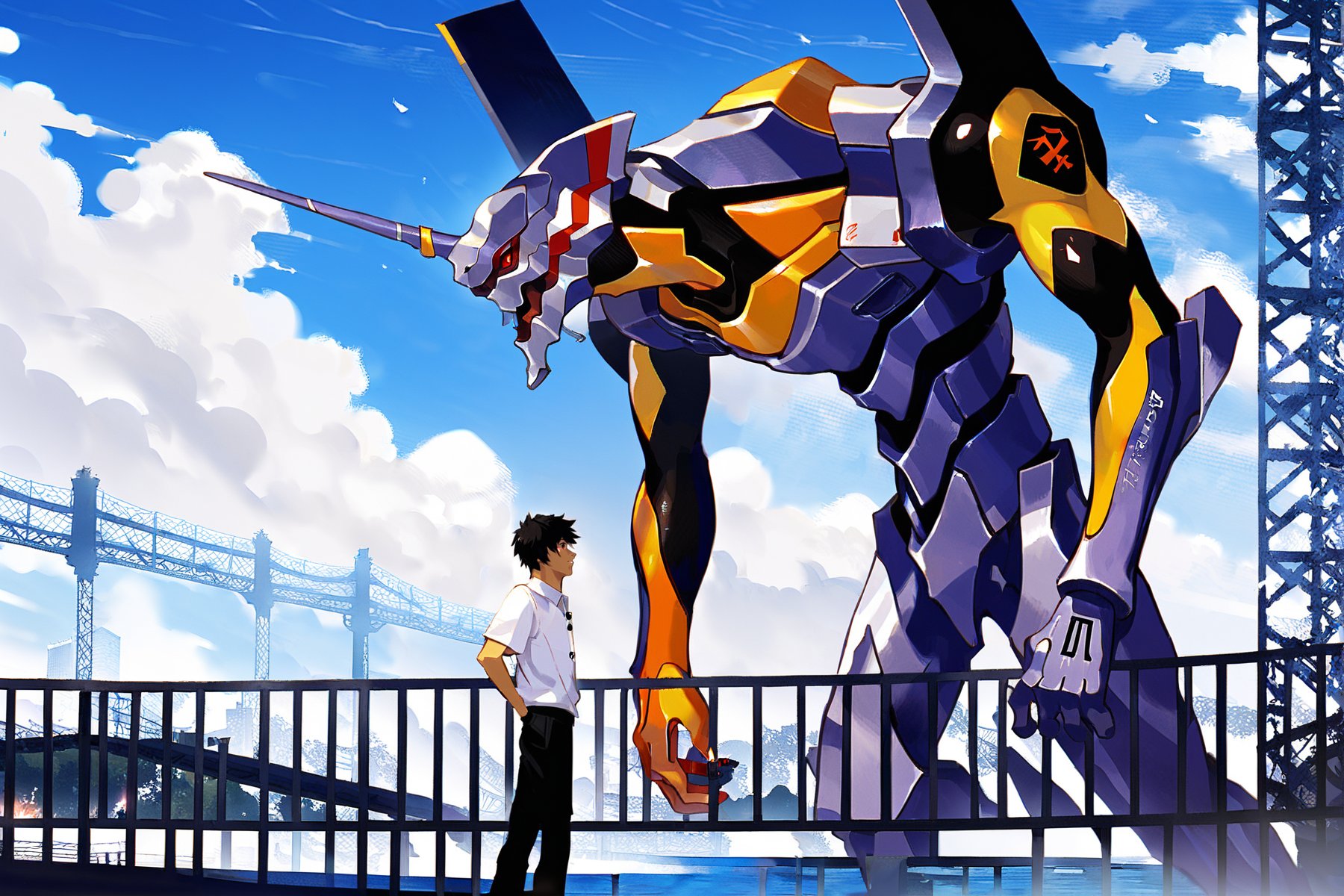 score_9, score_8_up, score_7_up, best quality, masterpiece, <lora:jijia-pony-Tanger-000006:0.8>, jijia, 2d, anime, neon genesis evangelion, eva 01, ikari shinji, mecha, robot, 1boy, single horn, evangelion \(mecha\), horns, bridge, male focus, shirt, tokyo-3 middle school uniform, white shirt, outdoors, science fiction, black hair, black pants, nagisa kaworu, red eyes, glowing, pants, railing, short hair, cloud, standing, fire,a man standing on a bridge looking at a giant robot,a man standing on a railing looking at a big picture of a monster