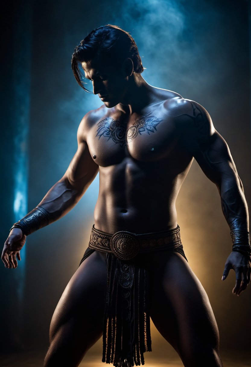 cinematic photo art by Harvey Stein, photograph, Patachitra, body shot of a full body pose, Mystifying, Soul reaver, award winning, centered Film grain background, Accent lighting, Short exposure, Nikon d3300, 50mm, RAW photo, magic atmosphere, glowing, unique, dynamic background, very coherent . 35mm photograph, film, bokeh, professional, 4k, highly detailed