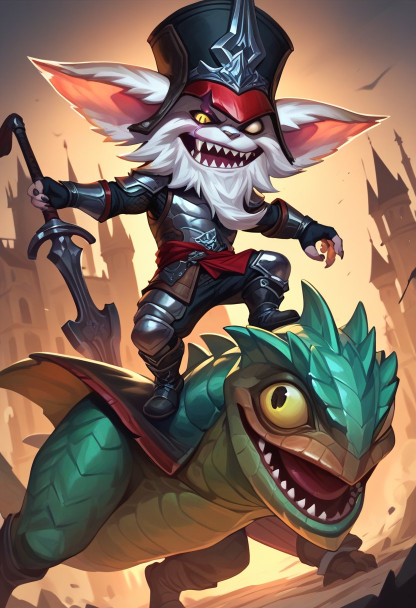 score_9, score_8_up, score_7_up, score_6_up, kl3d, 1boy, yordle, male focus, yellow eyes, white eye,scar across eye, one-eyed, facial hair, beard,  hat, black headwear, ears through headwear, armor, gloves, fingerless gloves, pants, boots , <lora:Kled_Default_v1:0.7>, castle, sharp teeth, teeth, fangs,animal, lizard, skaarl, riding