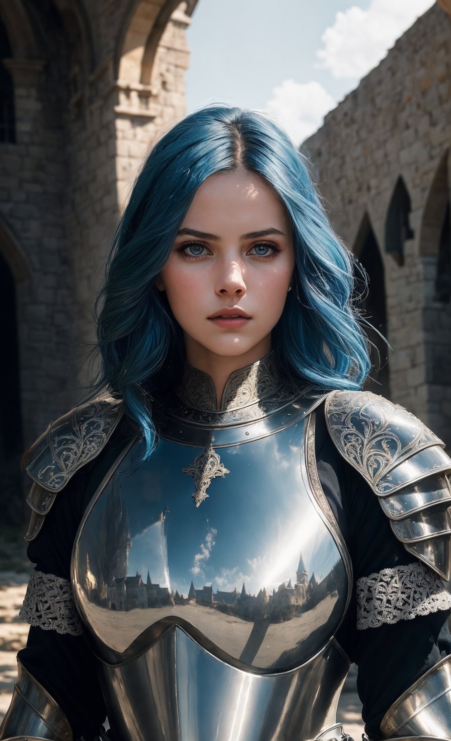 (masterpiece), (extremely intricate:1.3), (realistic), portrait of a girl, blue hair, the most beautiful in the world, (medieval armor), metal reflections, upper body, outdoors, intense sunlight, far away castle, professional photograph of a stunning woman detailed, sharp focus, dramatic, award winning, cinematic lighting, octane render, unreal engine, volumetrics dtx, (film grain)