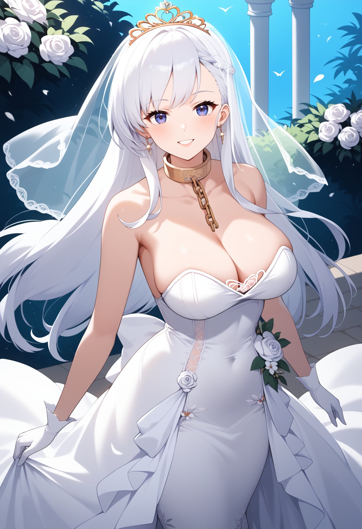 score_9, score_8_up, score_7_up, score_6_up, score_5_up, score_4_up, source_anime, aabelfast, long hair, french braid, tiara, bridal veil, earrings, metal collar, gold chain, cleavage, collarbone, bare shoulders, strapless, wedding dress, white dress, white gloves, <lora:belfast_(azur_lane)_ponyxl_1:0.9>, standing, cowboy shot, smile, garden,